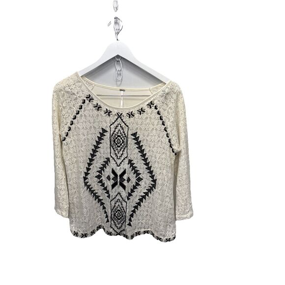 Free People Boho Lace Embroidered Pullover Top L Ivory Cream Romantic Chic - Picture 2 of 9